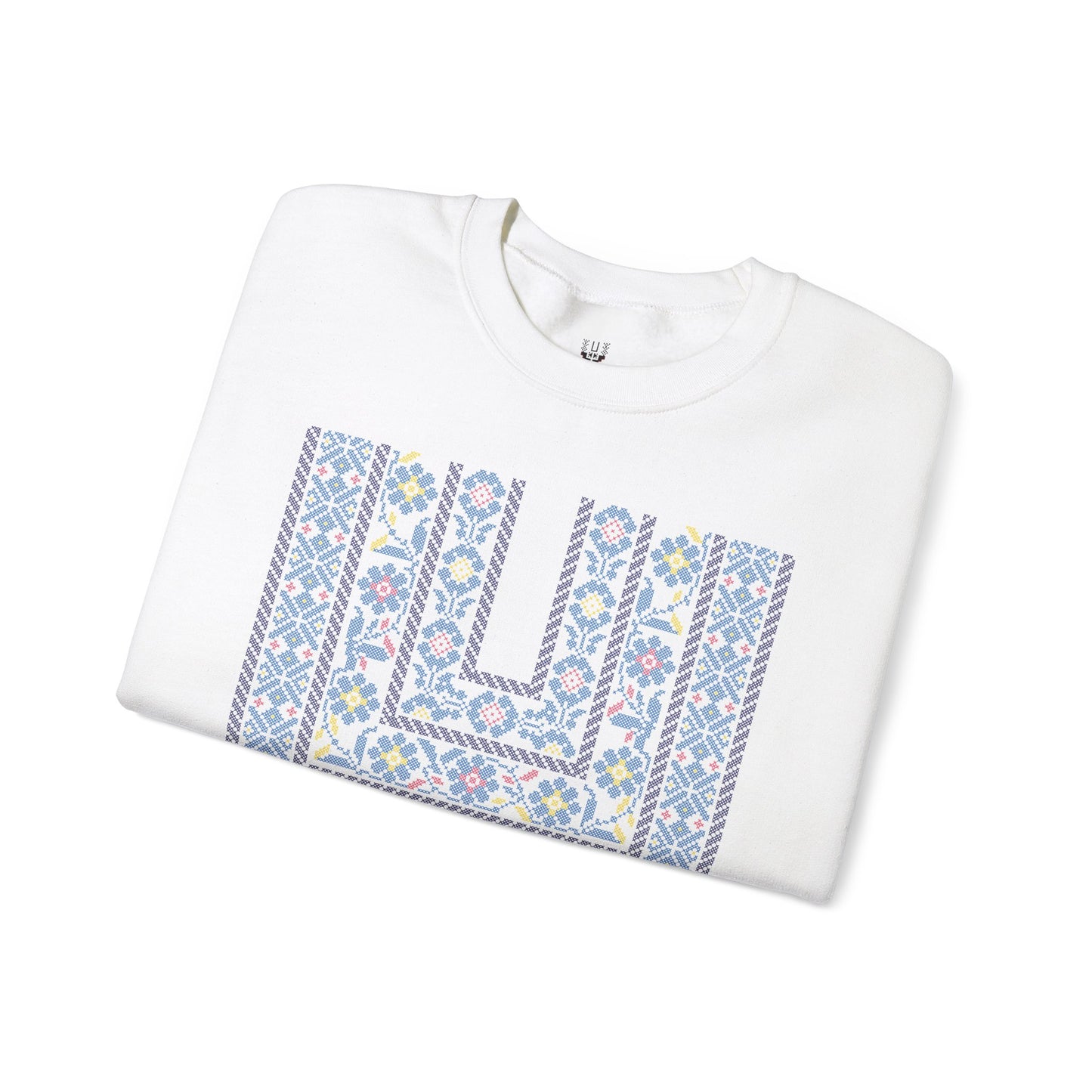 Ramallah Chest Panel- Blue 1980 Thobe, Palestinian Thobe Design- Crewneck Sweatshirt.