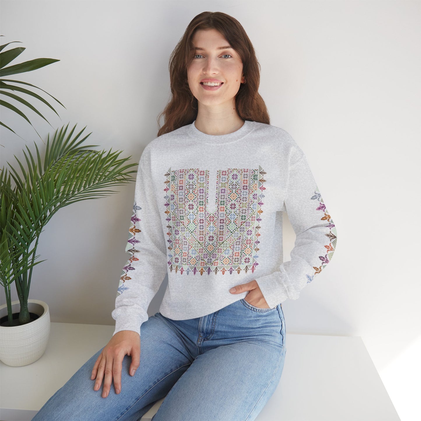 Hebron Garden "Floral" Chest Panel- Palestinian Thobe Design- Crewneck Sweatshirt.