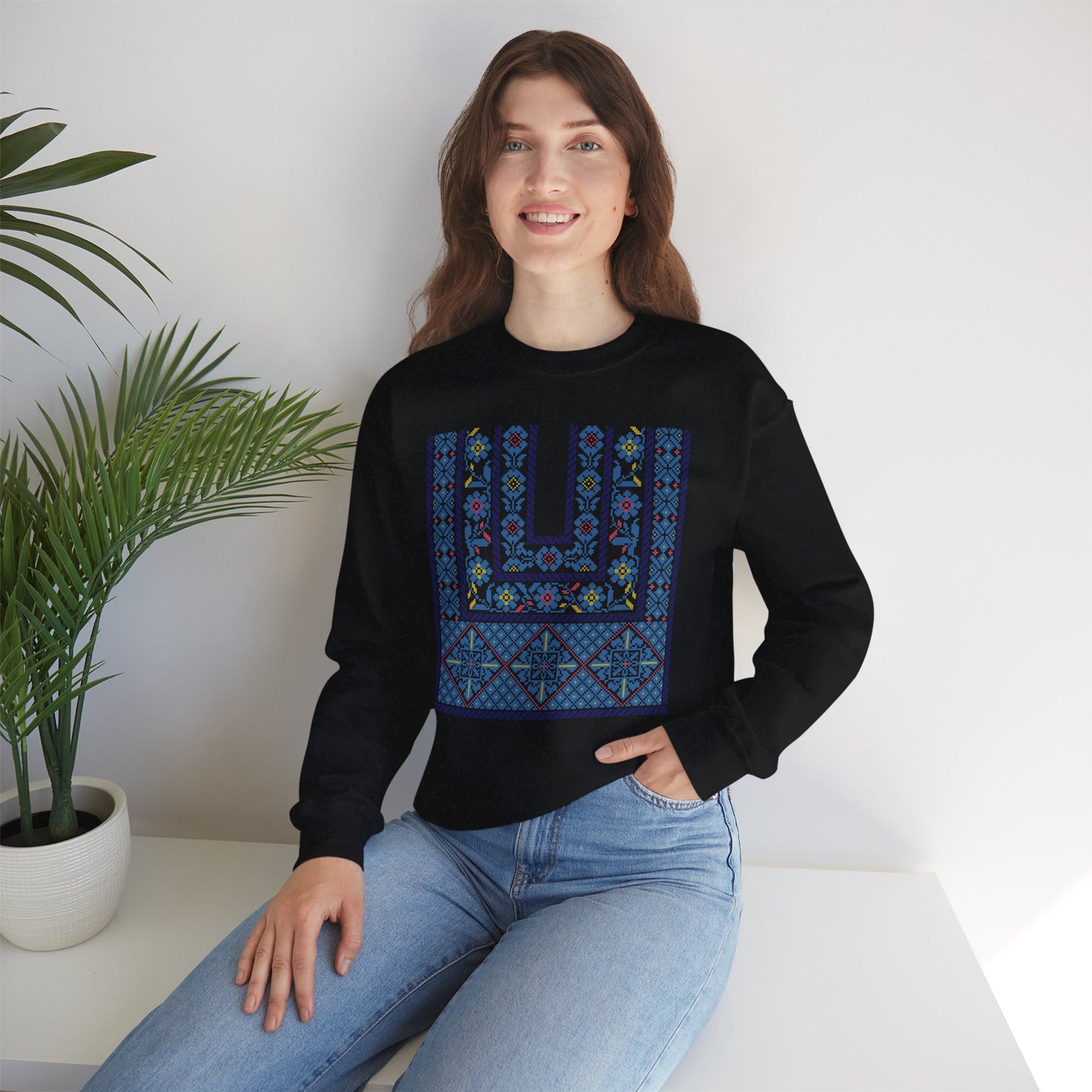 Ramallah Chest Panel- Blue 1980 Thobe, Palestinian Thobe Design- Crewneck Sweatshirt.