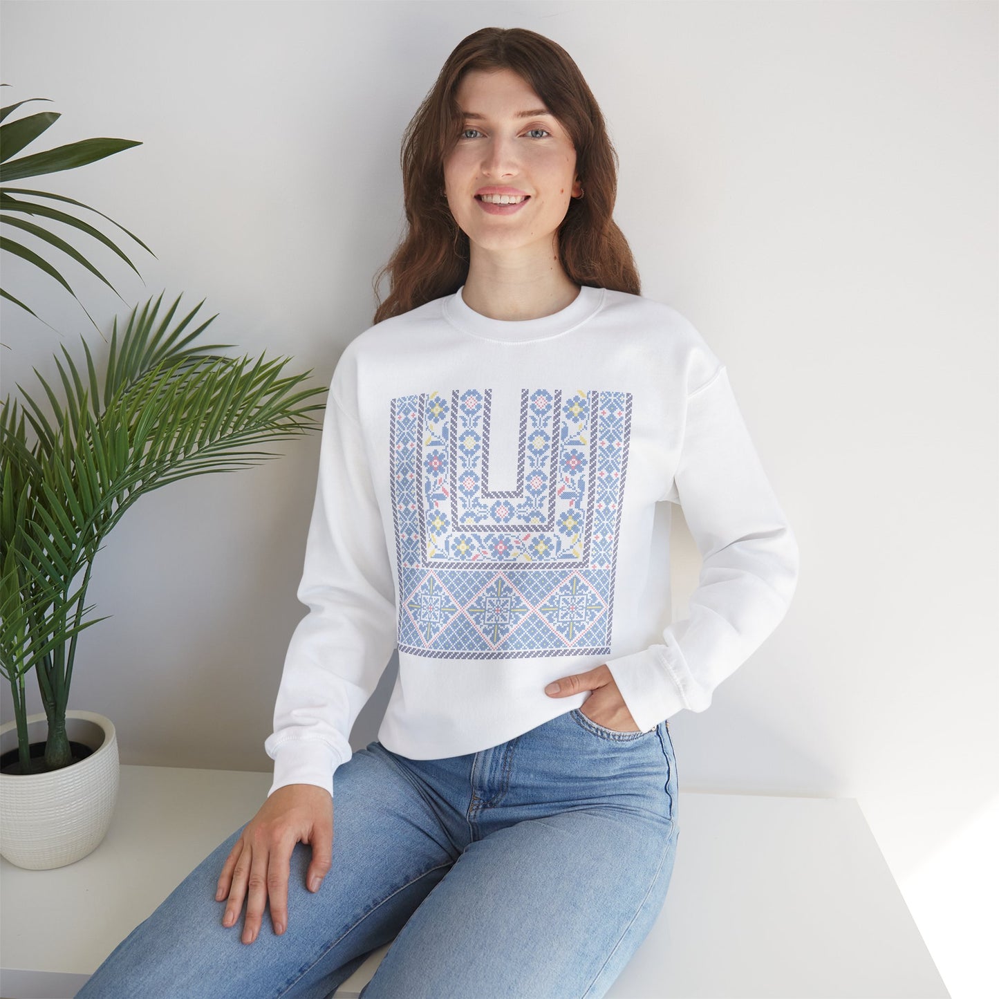 Ramallah Chest Panel- Blue 1980 Thobe, Palestinian Thobe Design- Crewneck Sweatshirt.