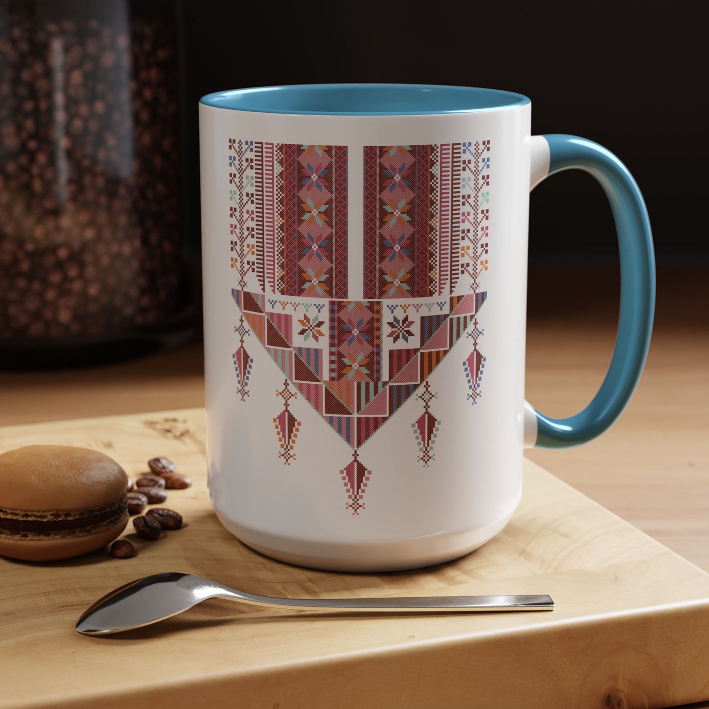 Gaza Chest Panel(2) Mug, Pinkish, A Sip of Palestinian Heritage.