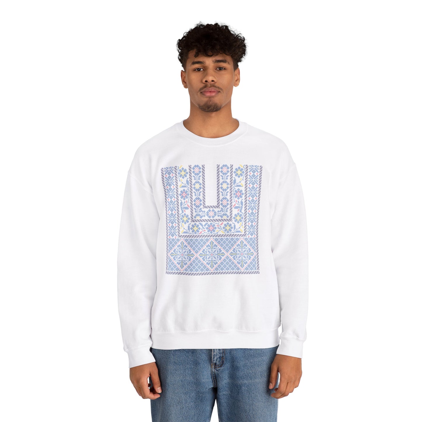 Ramallah Chest Panel- Blue 1980 Thobe, Palestinian Thobe Design- Crewneck Sweatshirt.