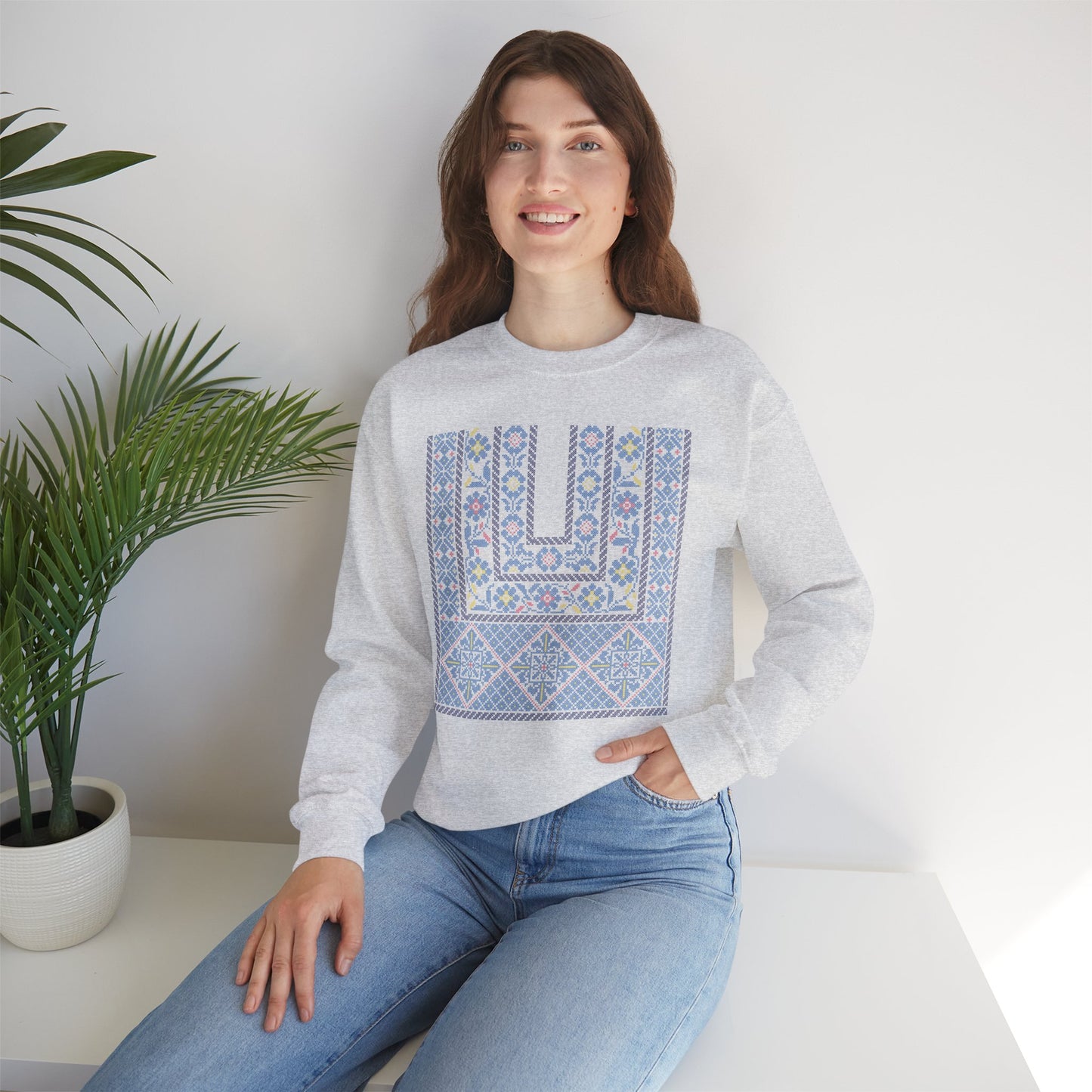 Ramallah Chest Panel- Blue 1980 Thobe, Palestinian Thobe Design- Crewneck Sweatshirt.