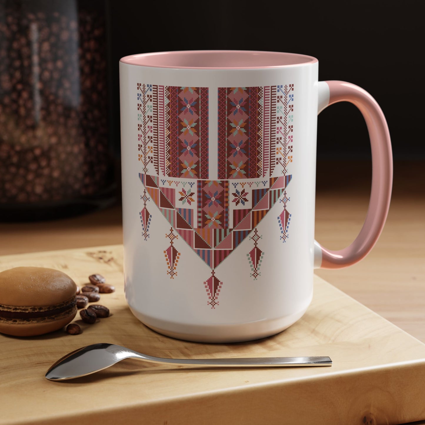 Gaza Chest Panel(2) Mug, Pinkish, A Sip of Palestinian Heritage.