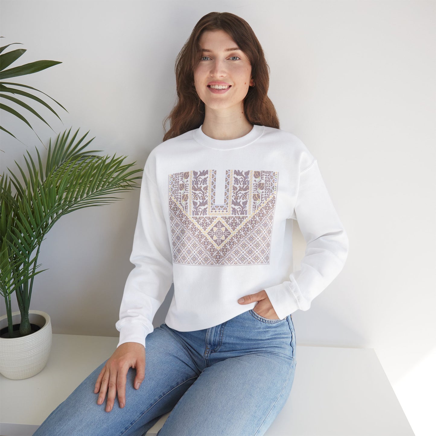 Jersulem Chest Panel- Palestinian Thobe Design (Khirbet Louz)- Crewneck Sweatshirt.