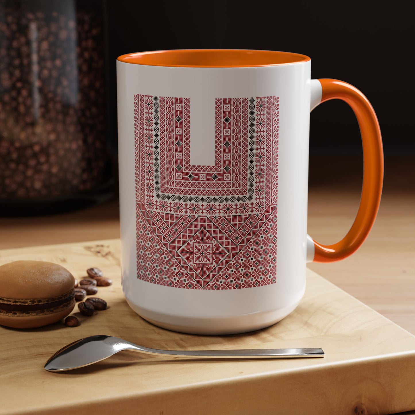 Ramallah Chest Panel, The Heritage Threads Mug (Third), A Sip of Palestinian Heritage.