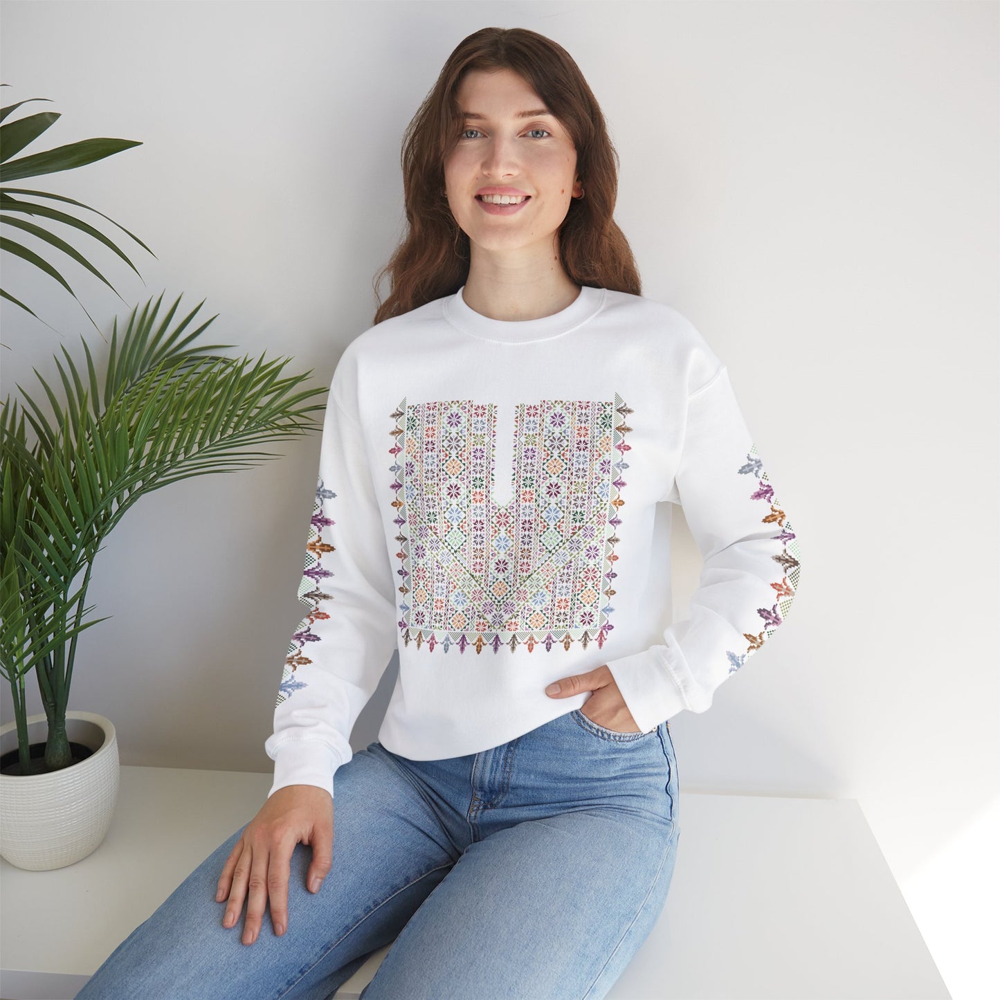 Hebron Garden "Floral" Chest Panel- Palestinian Thobe Design- Crewneck Sweatshirt.