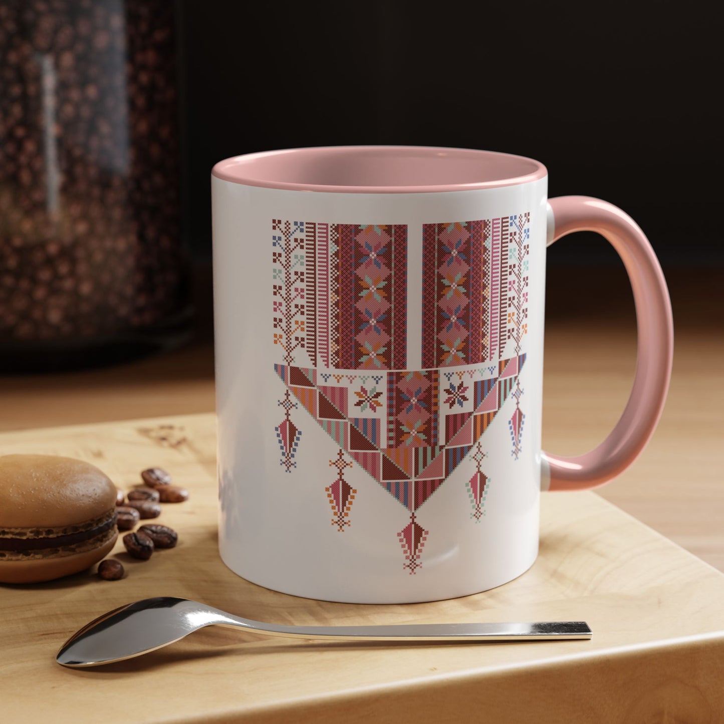 Gaza Chest Panel(2) Mug, Pinkish, A Sip of Palestinian Heritage.