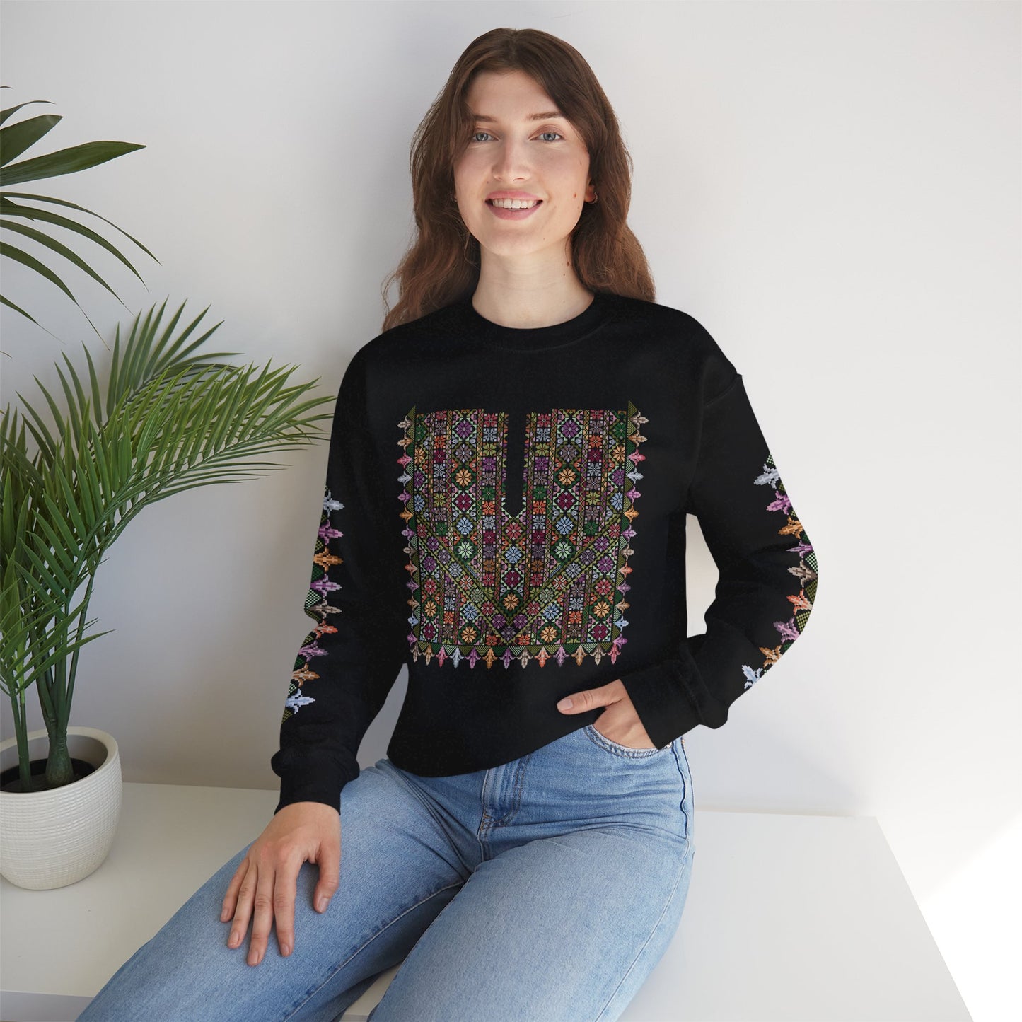 Hebron Garden "Floral" Chest Panel- Palestinian Thobe Design- Crewneck Sweatshirt.