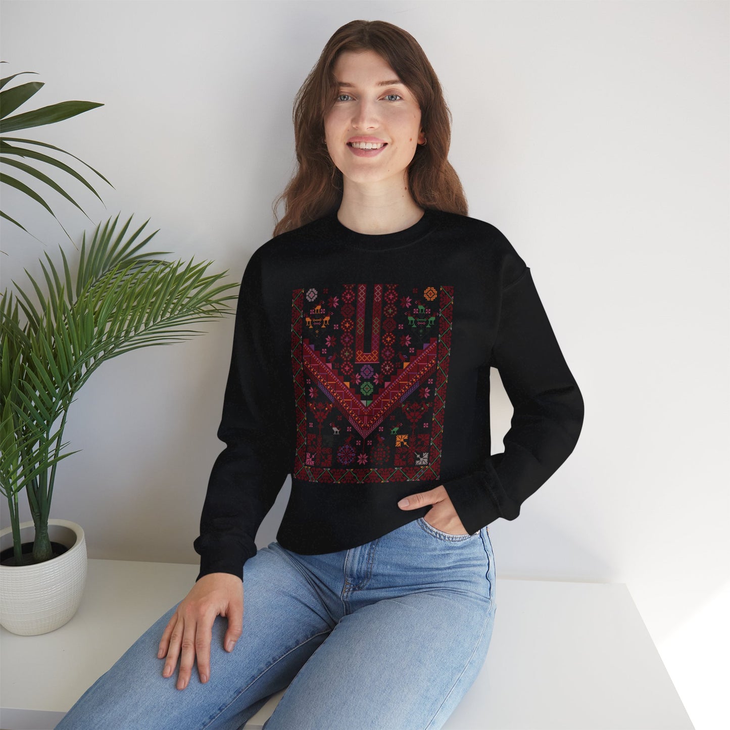 Jersulem Chest Panel- Palestinian Thobe Design (Lifta and Deir Yaseen)- Crewneck Sweatshirt.