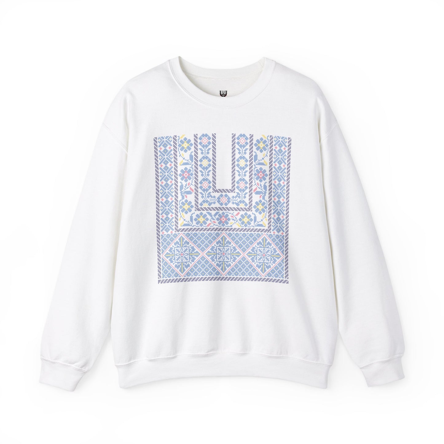 Ramallah Chest Panel- Blue 1980 Thobe, Palestinian Thobe Design- Crewneck Sweatshirt.