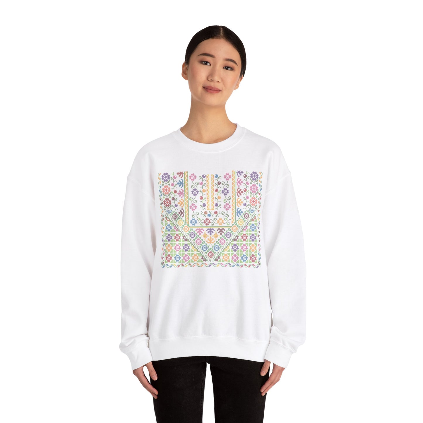 Jersulem Chest Panel- Palestinian Thobe Design (Garden)- Crewneck Sweatshirt.