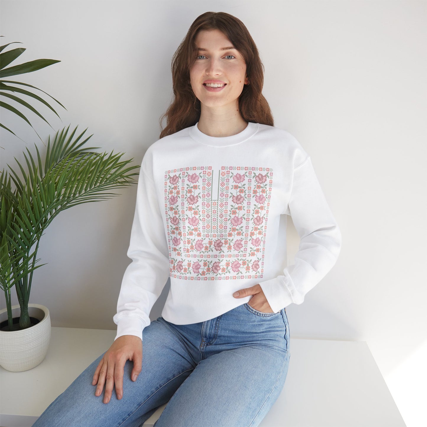 Hebron Chest Panel- Garden Thobe, Palestinian Thobe Design- Crewneck Sweatshirt.