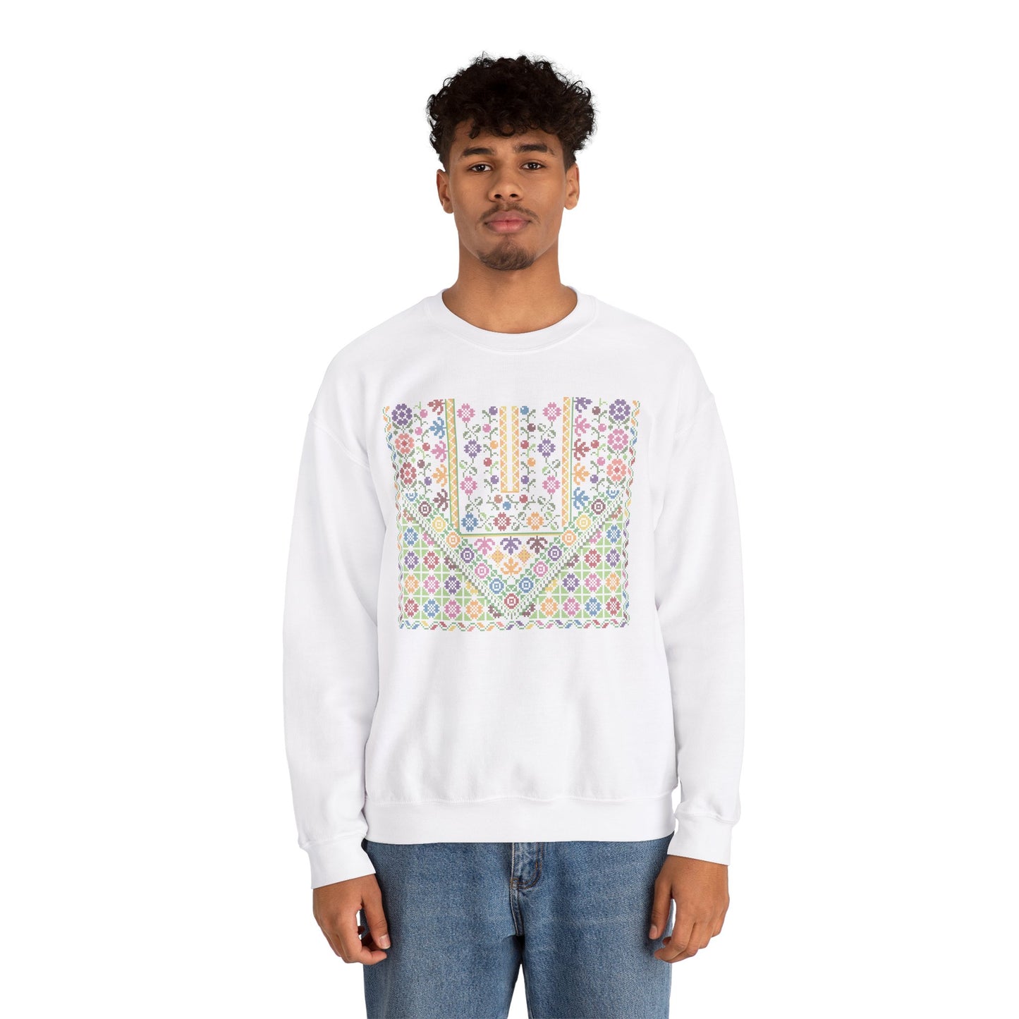 Jersulem Chest Panel- Palestinian Thobe Design (Garden)- Crewneck Sweatshirt.