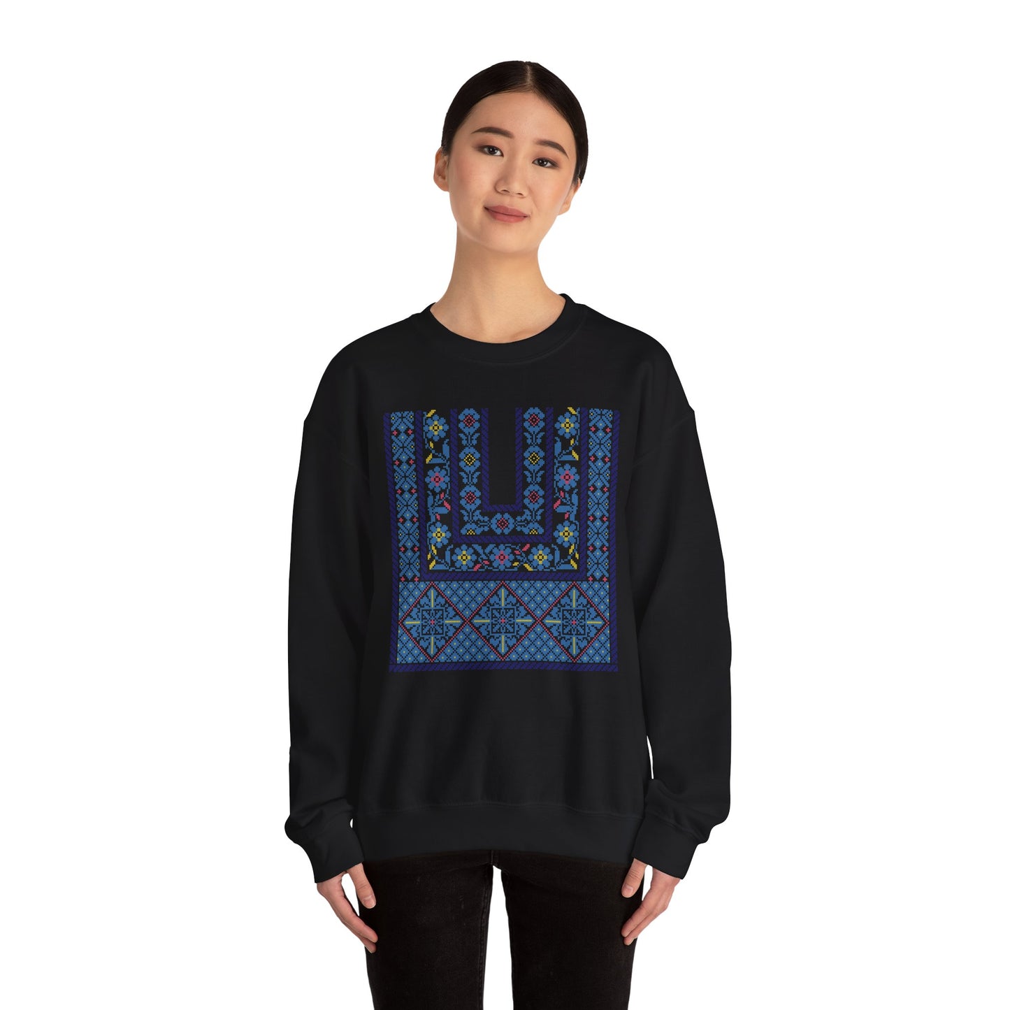 Ramallah Chest Panel- Blue 1980 Thobe, Palestinian Thobe Design- Crewneck Sweatshirt.