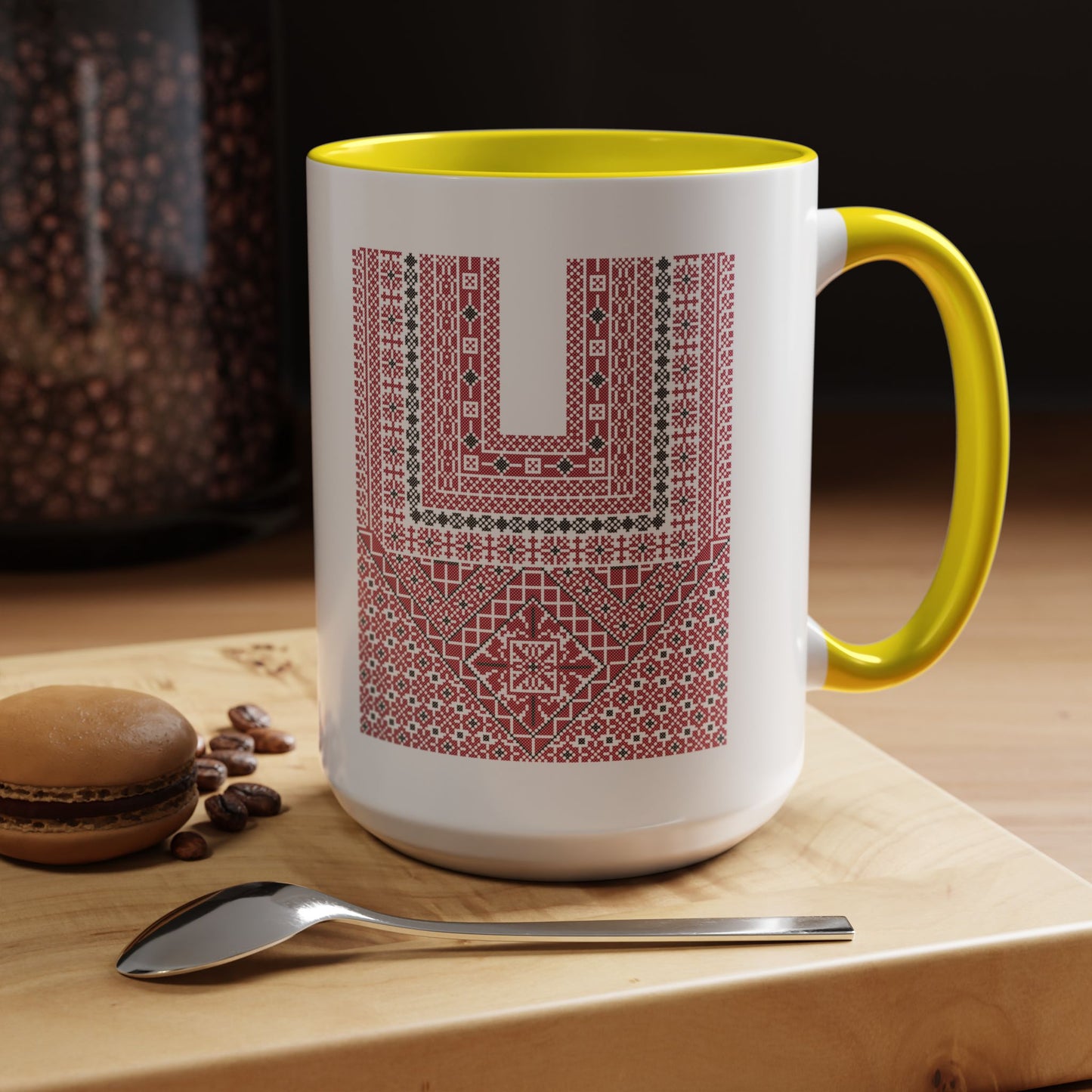 Ramallah Chest Panel, The Heritage Threads Mug (Third), A Sip of Palestinian Heritage.