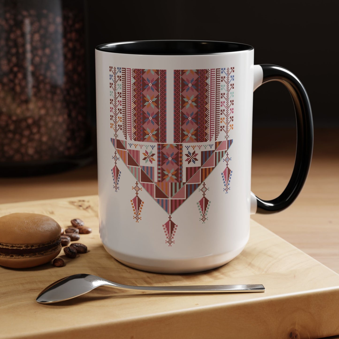 Gaza Chest Panel(2) Mug, Pinkish, A Sip of Palestinian Heritage.