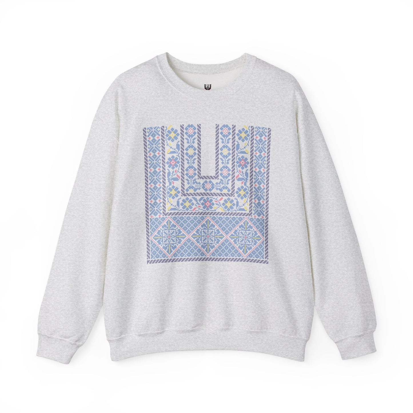 Ramallah Chest Panel- Blue 1980 Thobe, Palestinian Thobe Design- Crewneck Sweatshirt.