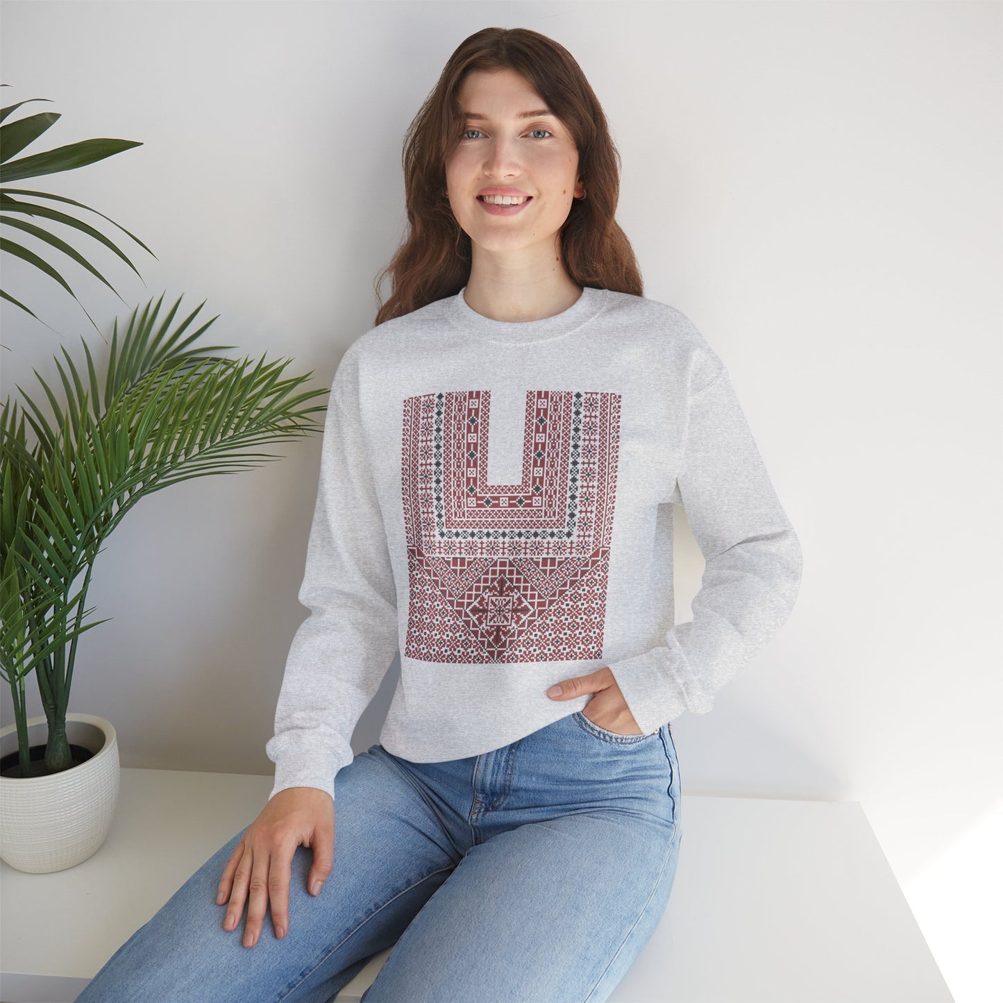 Ramallah Chest Panel- Palestinian Thobe Design (Third)- Crewneck Sweatshirt.