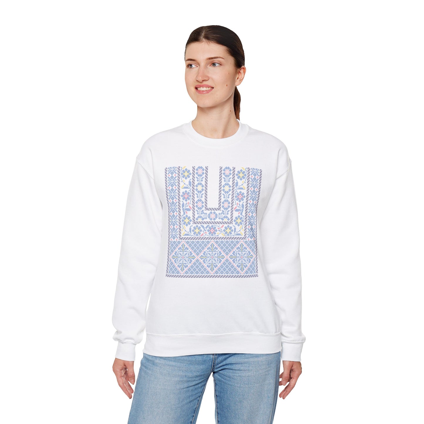 Ramallah Chest Panel- Blue 1980 Thobe, Palestinian Thobe Design- Crewneck Sweatshirt.