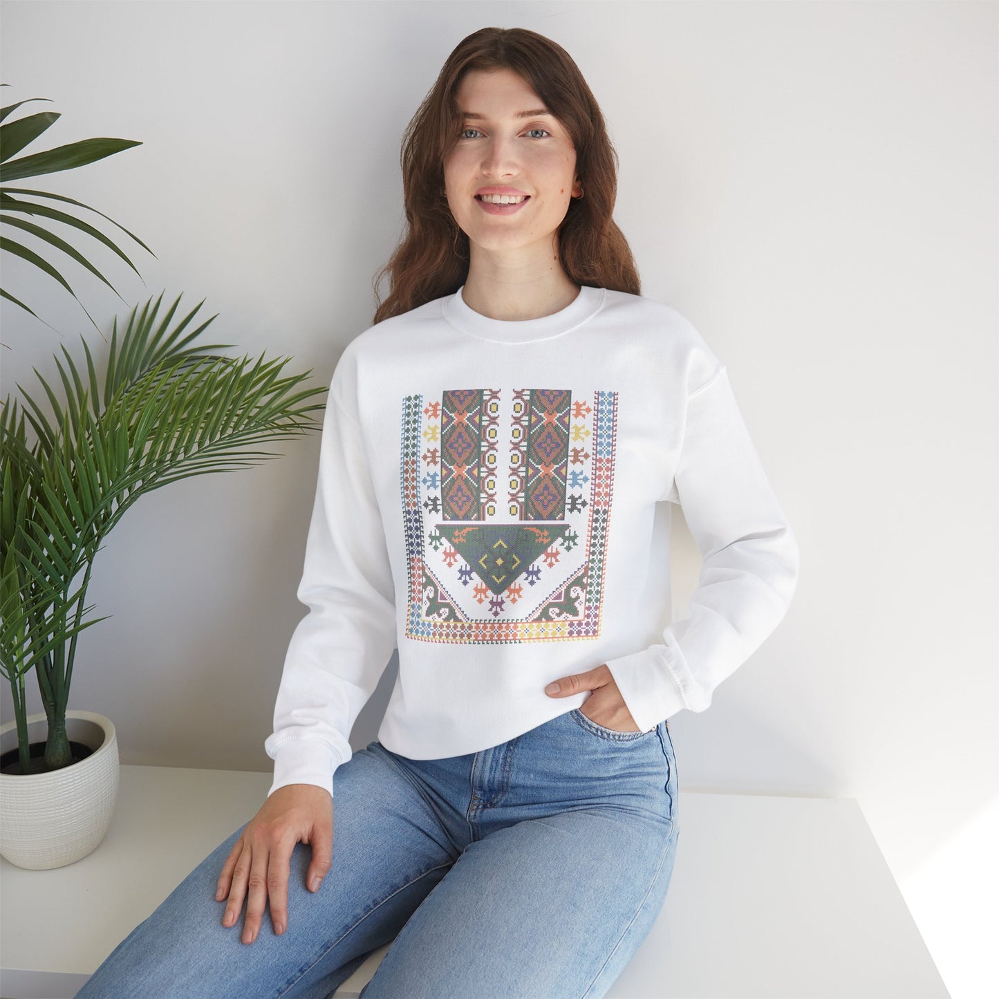 Tulkaram "Basil" Chest Panel- Palestinian Thobe Design- Crewneck Sweatshirt.