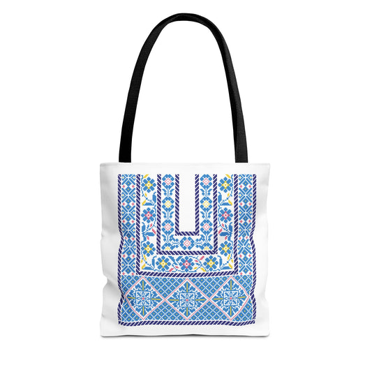 Ramallah Chest Panel Tote Bag (Blue, 1980 Thobe) – Carry Your Heritage with Style.